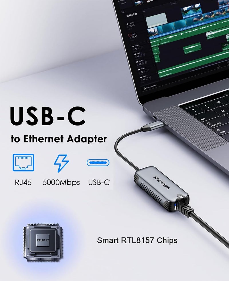 WAVLINK 5Gbps USB C to Ethernet Adapter, 5000Mbps USB-C to RJ45 Network Converter, Aluminum Case for Windows, Mac OS, iPad OS and More, RTL8157 Chipset, (5Gbps Need Type-C > 3.2) - Image 3